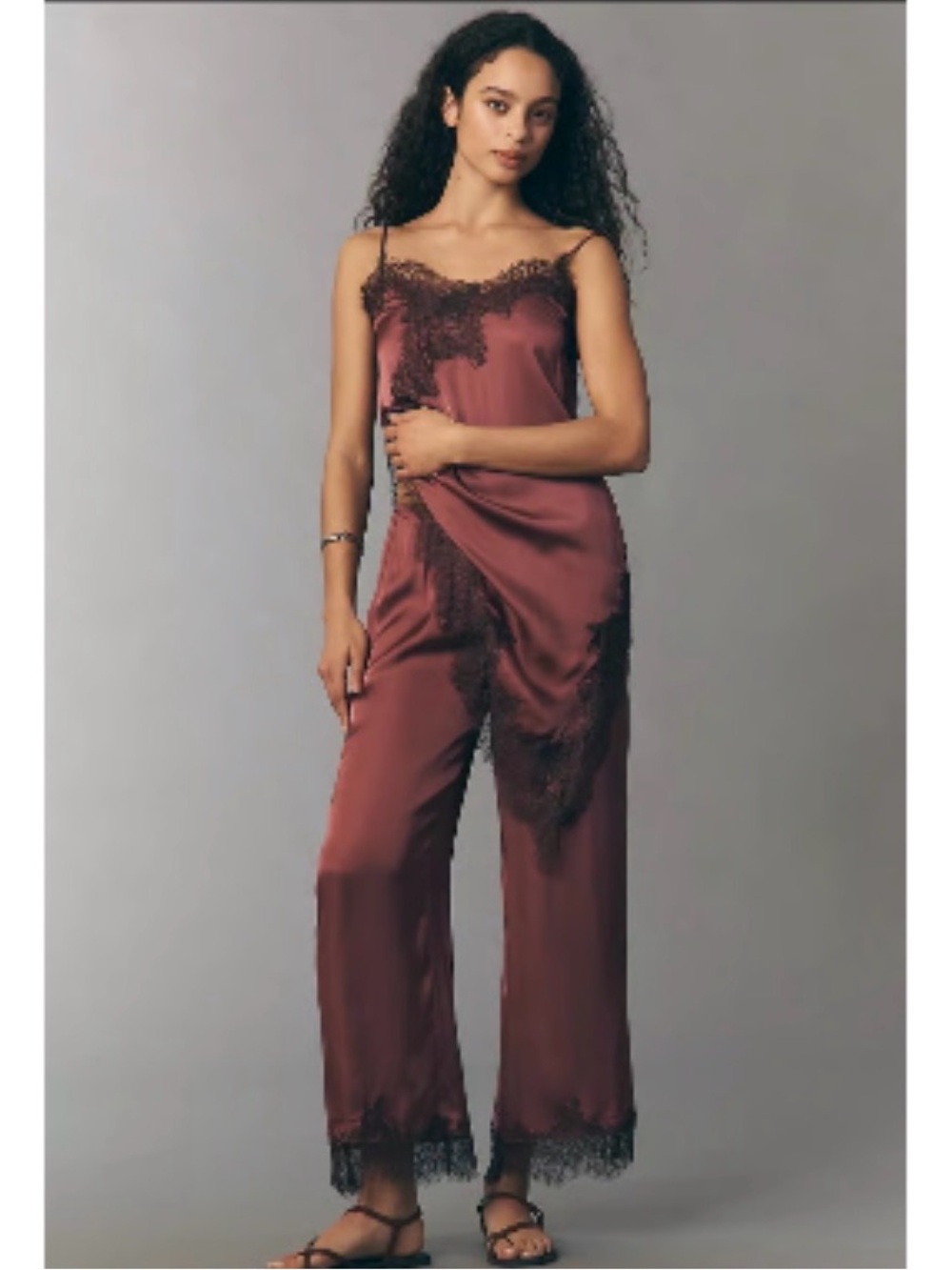 Anthropologie Wide-Leg Satin Pants in Dusty Rose with Black Lace Trim - Picture 4 of 4